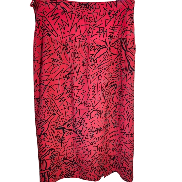 Vintage 100% Silk Red Pleat Front Midi Skirt Abstract Pattern size 12 - Picture 3 of 7